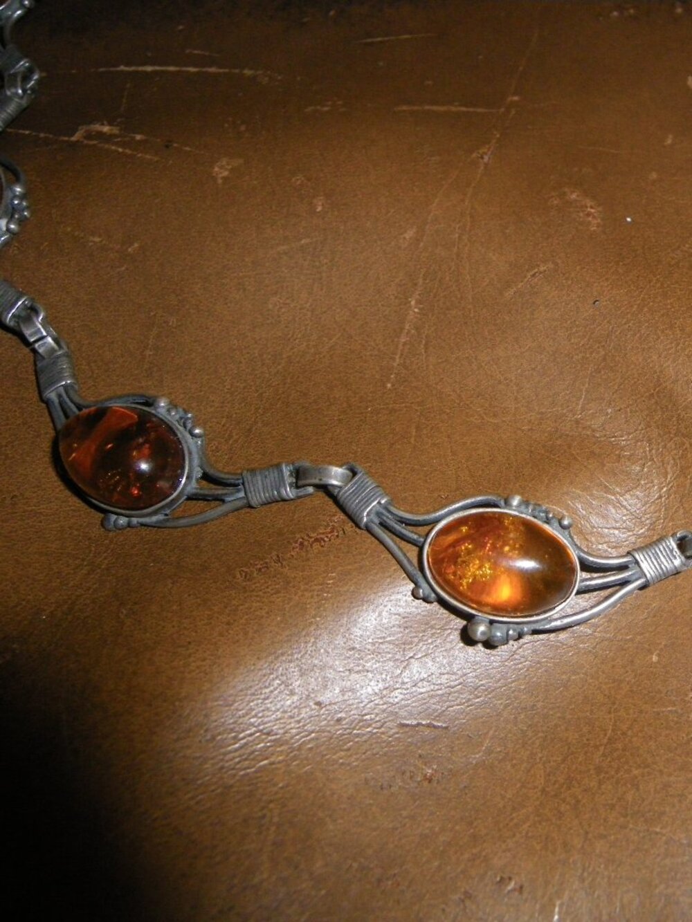 Women’s Vintage Sterling Silver Statement Necklace w/ 12 Amber Gemstones Poland - Picture 2 of 5